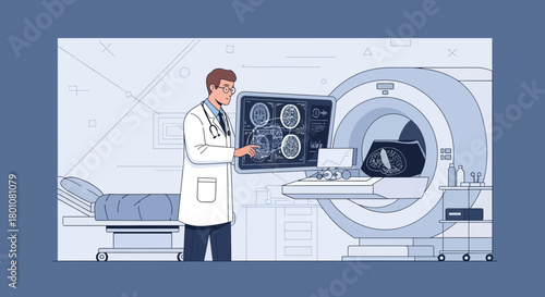 Medical Professional Analyzing Brain Scans Alongside MRI Machine in Clinic Setting