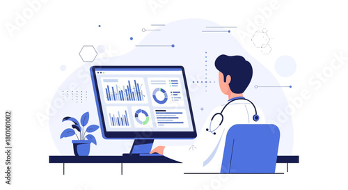 Medical Professional Analyzing Data on Computer Screen in Modern Digital Healthcare Setting