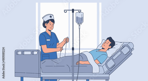 Medical Professional Attending to Patient in Bed, Infusion Therapy Procedure Underway