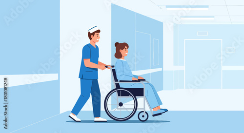 Medical Professional Carefully Assisting Patient in Wheelchair Along Hallway for Their Care