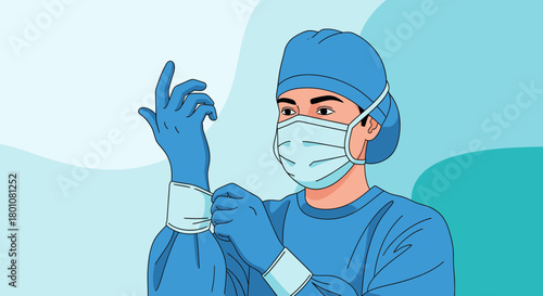 Medical Professional Carefully Donning Sterile Gloves Prior To Performing Surgery Operation