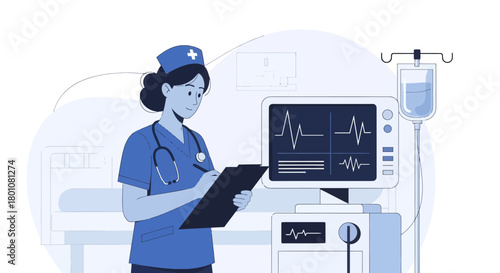 Medical Professional Carefully Monitoring Vital Signs of a Patient in a Hospital Environment.