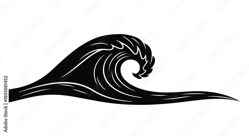 Obraz premium Stylized black ink wave cresting with flowing lines on white background