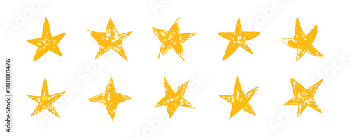 Star hand drawn crayon pencil sticker yellow vector set. Rough textured doodle stars in simple organic shapes. Elements for children, packaging, branding, decoration projects