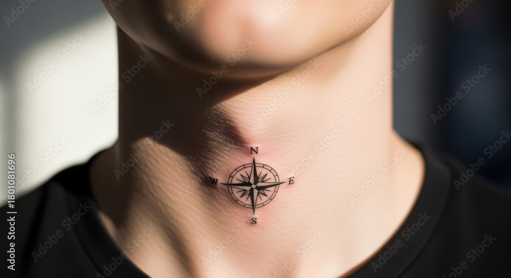Obraz premium Compass tattoo on neck of caucasian young male in black shirt