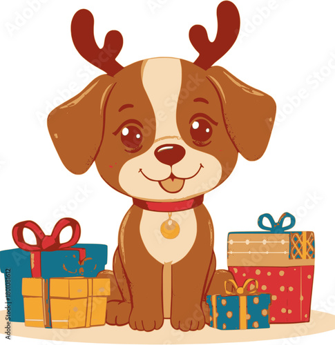 Charming cartoon puppy with festive reindeer antlers surrounded by a pile of colorful holiday gift boxes, embodying the joy and warmth of celebration