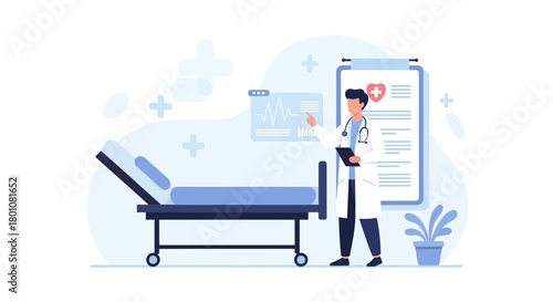 Medical Professional Explaining a Patient's Vital Signs Next to Examination Bed