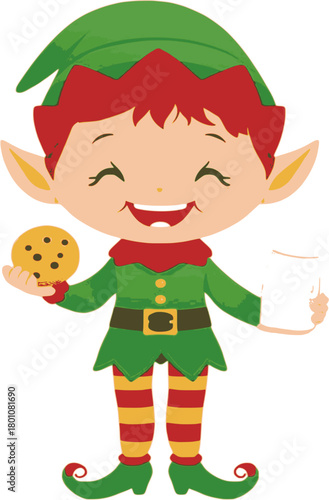 Cute Christmas Elf Holding a Cookie and a Glass of Milk, Ready for Santa Claus