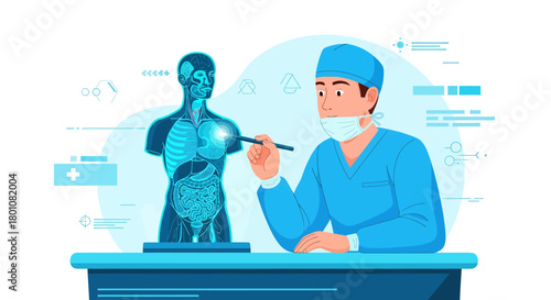 Medical Professional Performing a Diagnostic Examination of the Human Body Model Display
