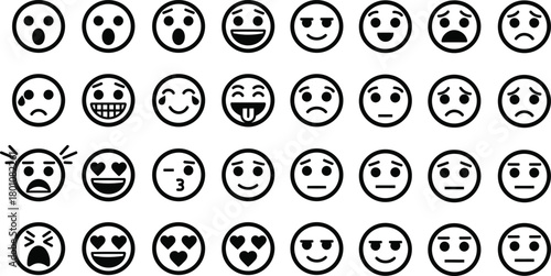 Collection of hand drawn black and white emoji faces expressing a wide range of emotions and feelings