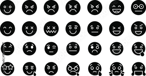 Collection of diverse black and white cartoon face emojis expressing a wide range of emotions and moods