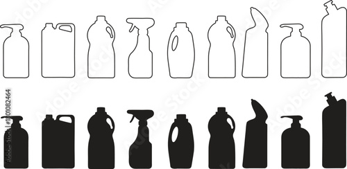 Cleaning bottle silhouette and outline set featuring spray bottles, detergent containers, and household product shapes, perfect for packaging design, icons, branding, and modern vector illustrations.