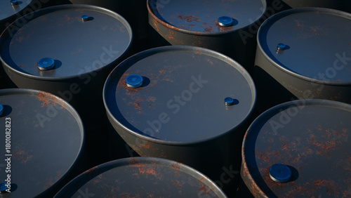 Rusty black oil barrels, concept for crude oil price, energy industry, and commodity market. 3d rendering