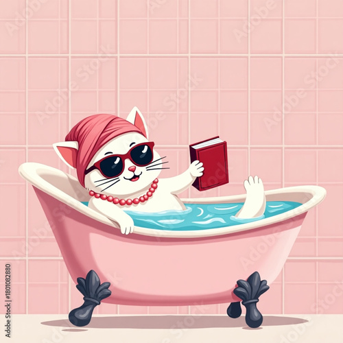 Cute cat relaxing in a pink bathtub reading a book
