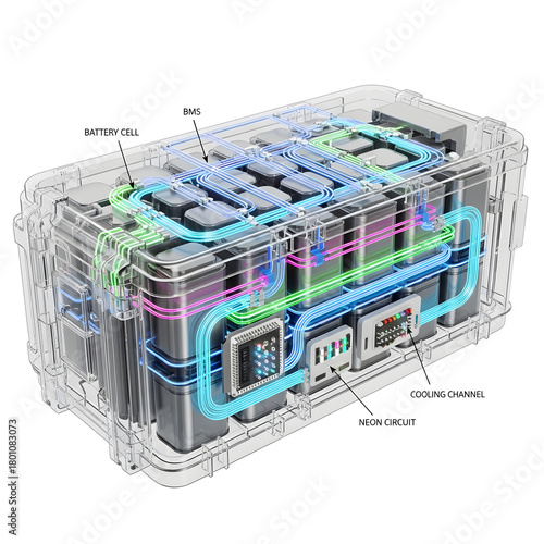 Modern battery cell design with neon cooling channels powering the future of electric vehicles and green energy