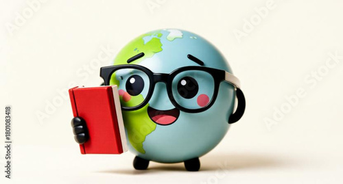 Cute 3D illustration of a funny little green human character happily holding a cartoon earth globe, isolated on white