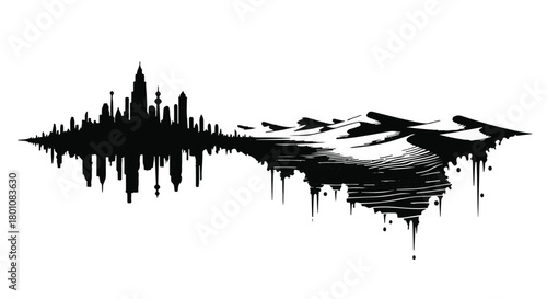 Abstract cityscape silhouette merging with flowing water and reflections
