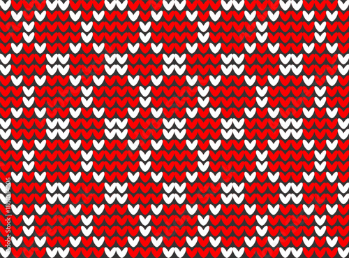 Traditional Red Christmas Holiday Background with Knitted Seamless Ornament Pattern. Festive Winter Sweater Inspired Xmas Border for Seasonal Greeting Cards