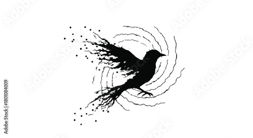 Silhouette of a black bird dissolving into a swarm of small particles and swirling lines