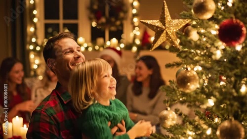 joyful family celebrating christmas with decorated tree and warm lighting in