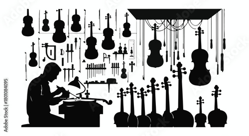 Artisan meticulously crafting a violin in a workshop filled with instruments and tools, showcasing dedication and skill.