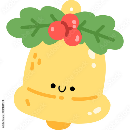 Cute christmas bell with holly berries hand drawn