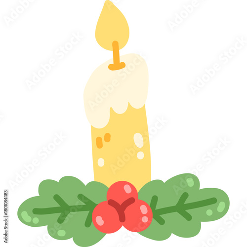 Cute christmas candle with holly berries hand drawn