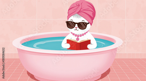 Relaxing cat enjoys a bath while reading a book