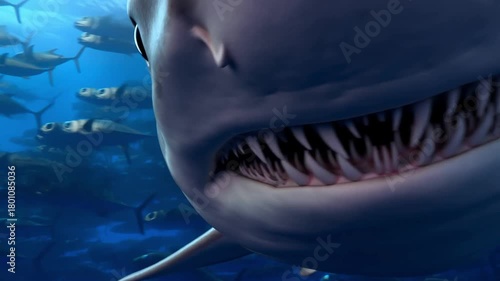 A close-up view of a great white shark, showcasing its formidable teeth, swimming underwater. In the background, there is more marine life Stock Video