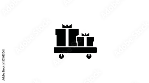 Gift boxes on a wheeled delivery cart icon. Simple black silhouette symbol for online shopping, presents, and special occasion shipping.