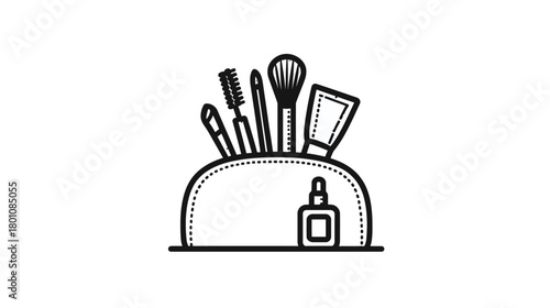 Line art illustration of a makeup bag filled with beauty products and cosmetic brushes. Icon for personal care and style.