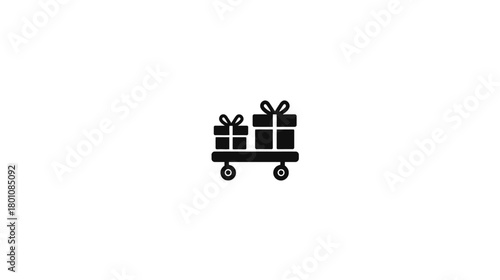 Simple black icon showing multiple gift boxes on a small delivery cart, perfect for e-commerce, shipping, or celebration concepts.