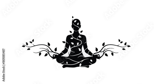 Serene silhouette meditating with glowing lights and organic growth