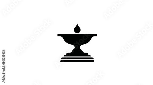Elegant Black Oil Lamp or Diya Silhouette Icon with Stylized Flame Drop, Traditional Symbol Vector Illustration Isolated