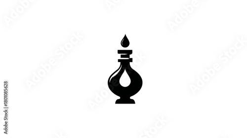Minimalist Black Silhouette Icon of a Stylized Ornate Bottle with a Liquid Drop, Abstract Elegant Design Element