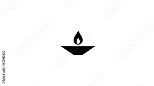 Minimalist black icon of a traditional oil lamp (diya) with a flickering flame, symbolizing spirituality, light, and celebration.