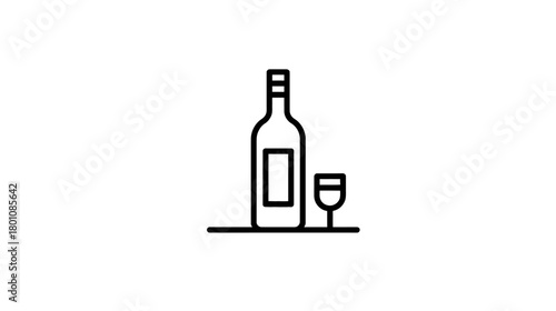 Minimalist Line Art Wine Bottle and Glass Icon. Elegant Alcoholic Beverage Symbol for Dining, Celebration, Bar, and Restaurant Menus.