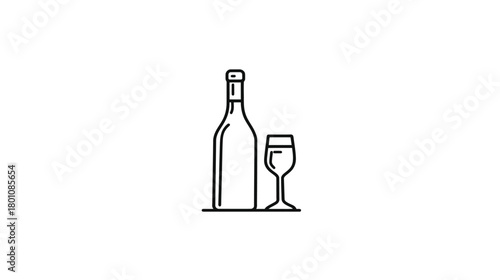 Minimalist line art icon of a wine bottle and a wine glass, representing drinks, celebration, and alcoholic beverages.