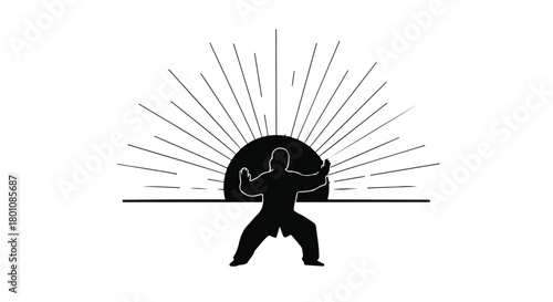 Silhouette of person performing tai chi outdoors with rising sun behind them