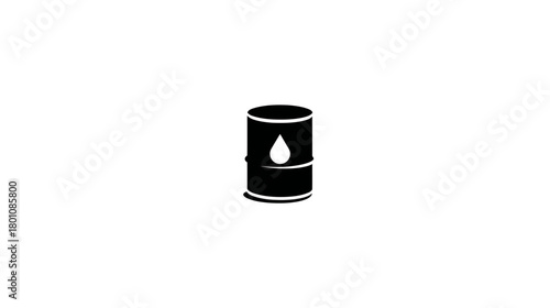 Minimalist black oil barrel icon with a drop, representing crude oil, fossil fuels, energy production, and the petroleum industry.