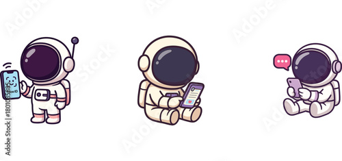astronaut characters using phone, reading, and writing notes
