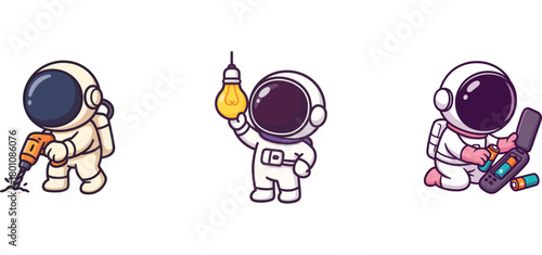 astronaut characters cleaning surfaces and organizing objects