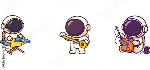 astronaut characters cooking ingredients and playing guitar