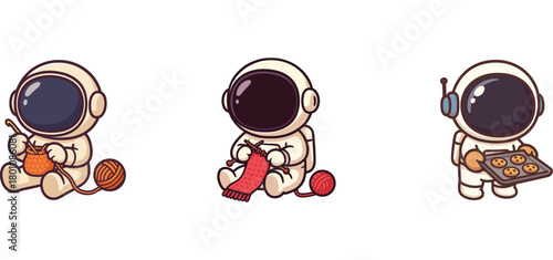 astronaut characters knitting and organizing yarn