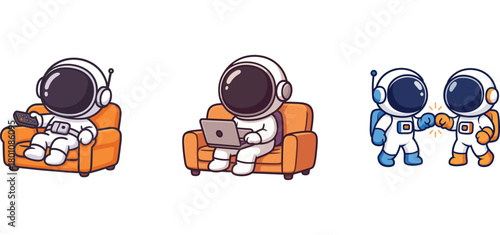astronaut characters relaxing on sofa and playing with toys