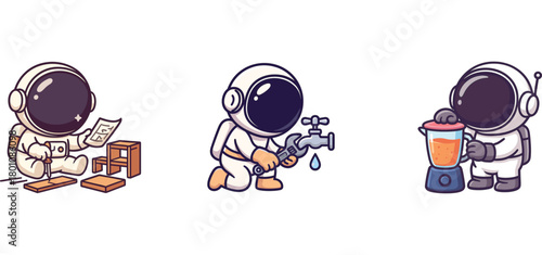 astronaut characters working at desk and grabbing drinks