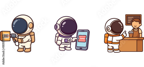 astronaut characters receiving packages and making payments