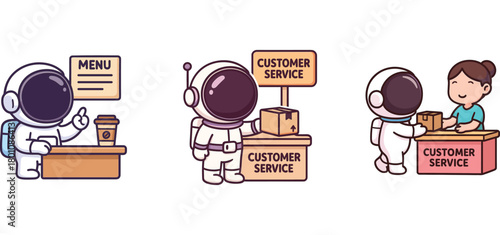 astronaut characters reading signs and doing small tasks