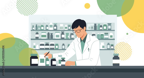 Pharmacist Crafting Prescription: A Modern Illustration of Healthcare and Medicine