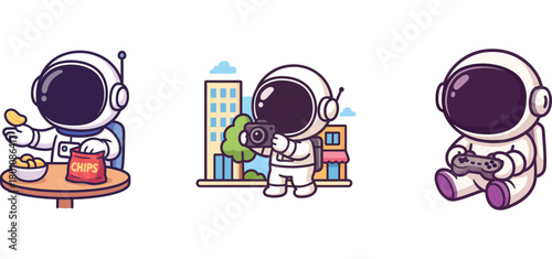 astronaut characters visiting city locations and dining out